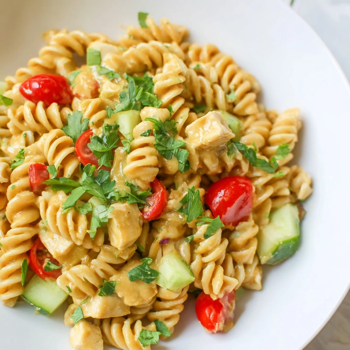 Close-up of Honey Mustard Chicken Pasta Salad with shiny dressing and diced chicken