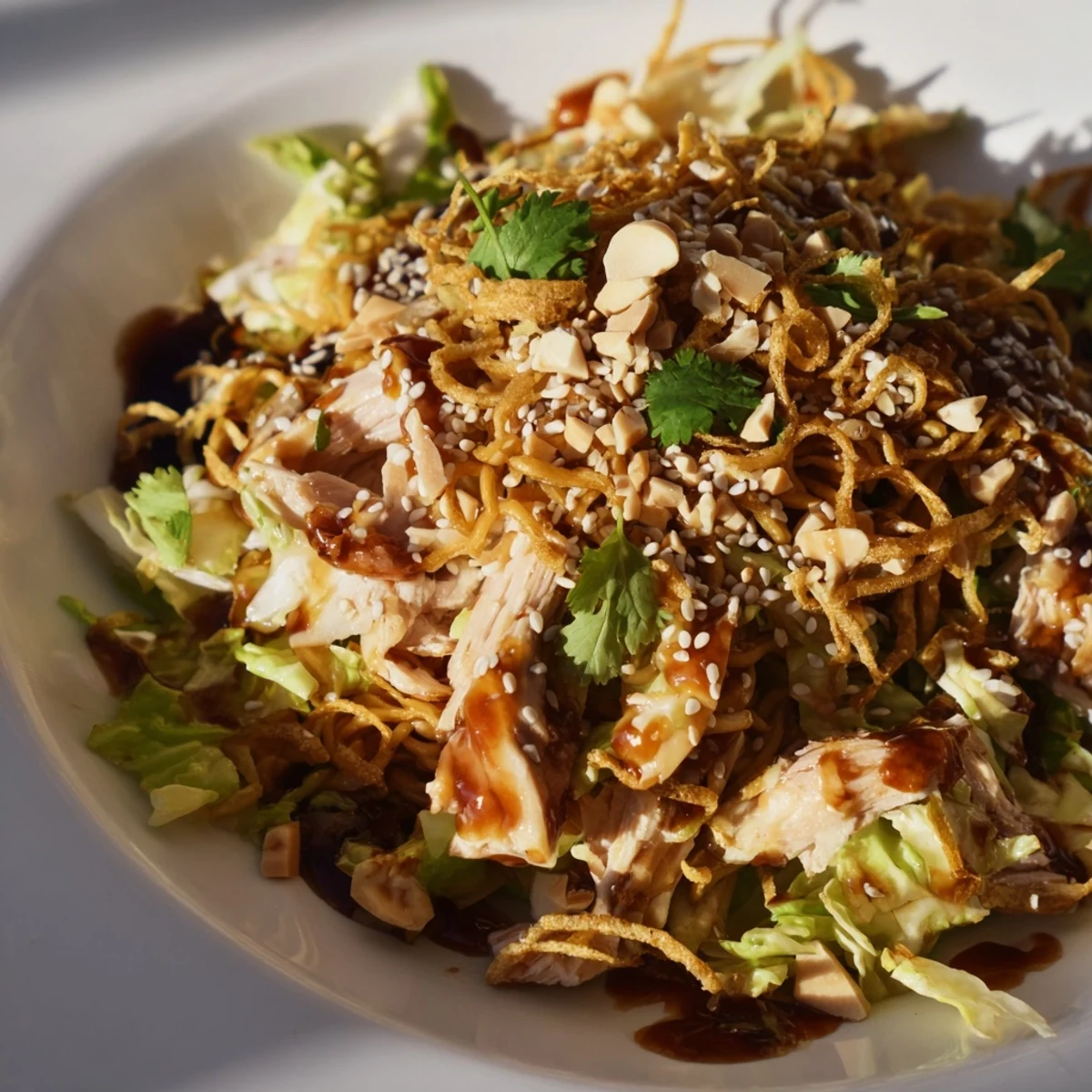 Freshly tossed Crunchy Ramen Chicken Salad featuring tender rotisserie chicken, crushed noodles, and vibrant veggies ready to serve.  