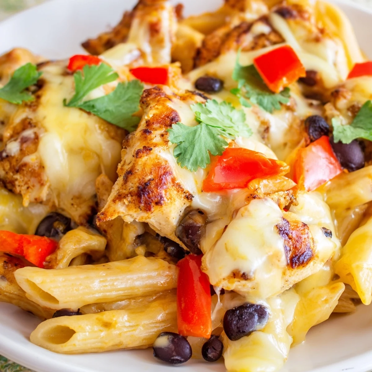 A close-up of Crispy Chicken Burrito Pasta, featuring golden seared chicken nestled in a skillet with penne, melted cheddar, and colorful bell peppers.