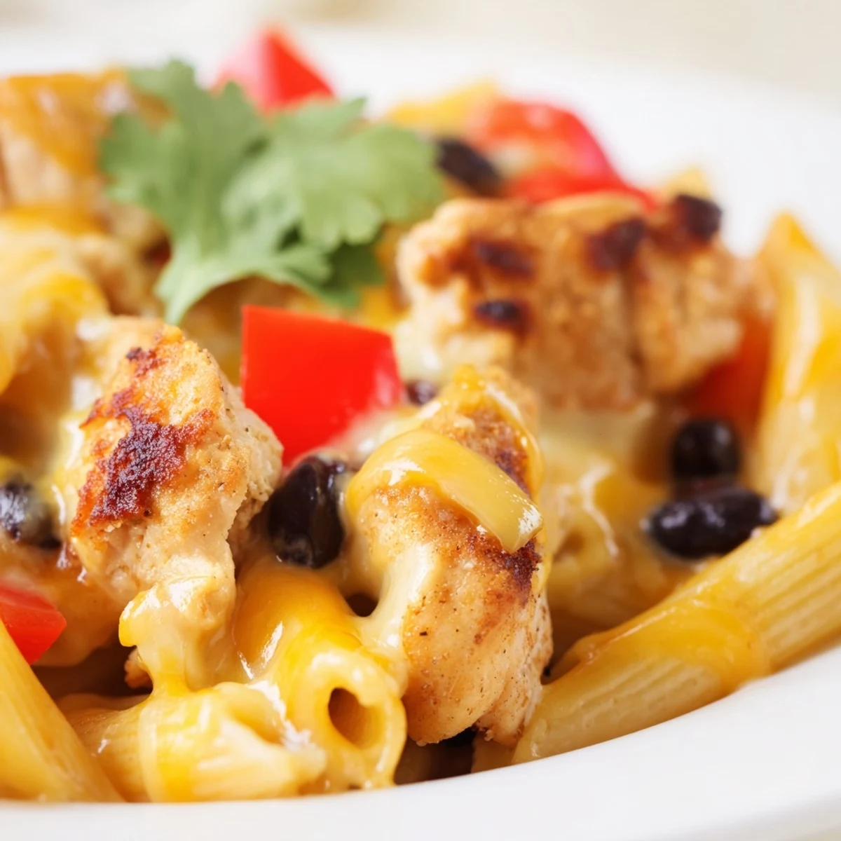 Steam rises from this one-pan Crispy Chicken Burrito Pasta, garnished with fresh cilantro, green onions, and a dollop of sour cream.