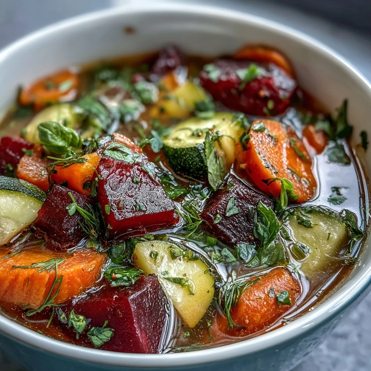 This Rainbow Vegetable Detox Soup photo shows a colorful, healthy, and nourishing bowl.