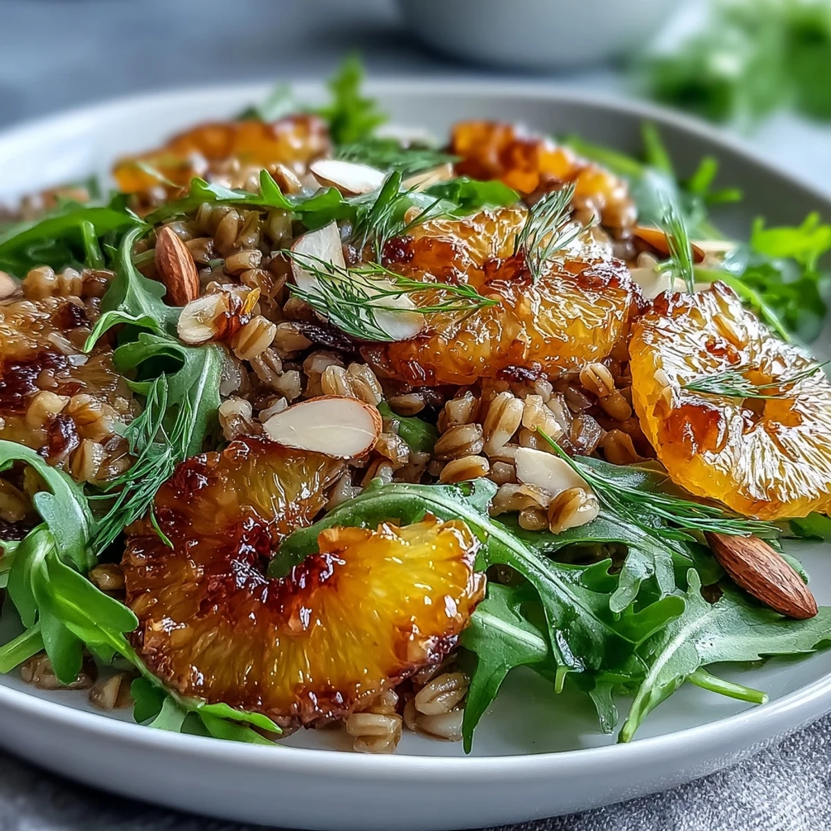 Vibrant farro, fennel, orange, and almond salad with a tangy citrus dressing.