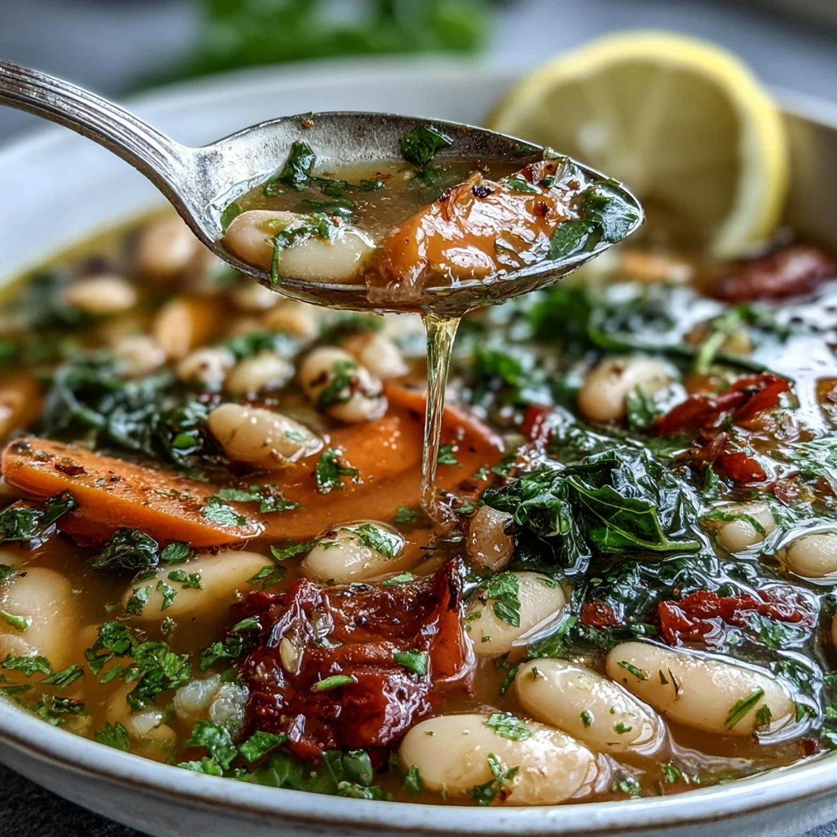 Hearty Mediterranean White Bean Stew topped with fresh parsley and vibrant lemon wedge.