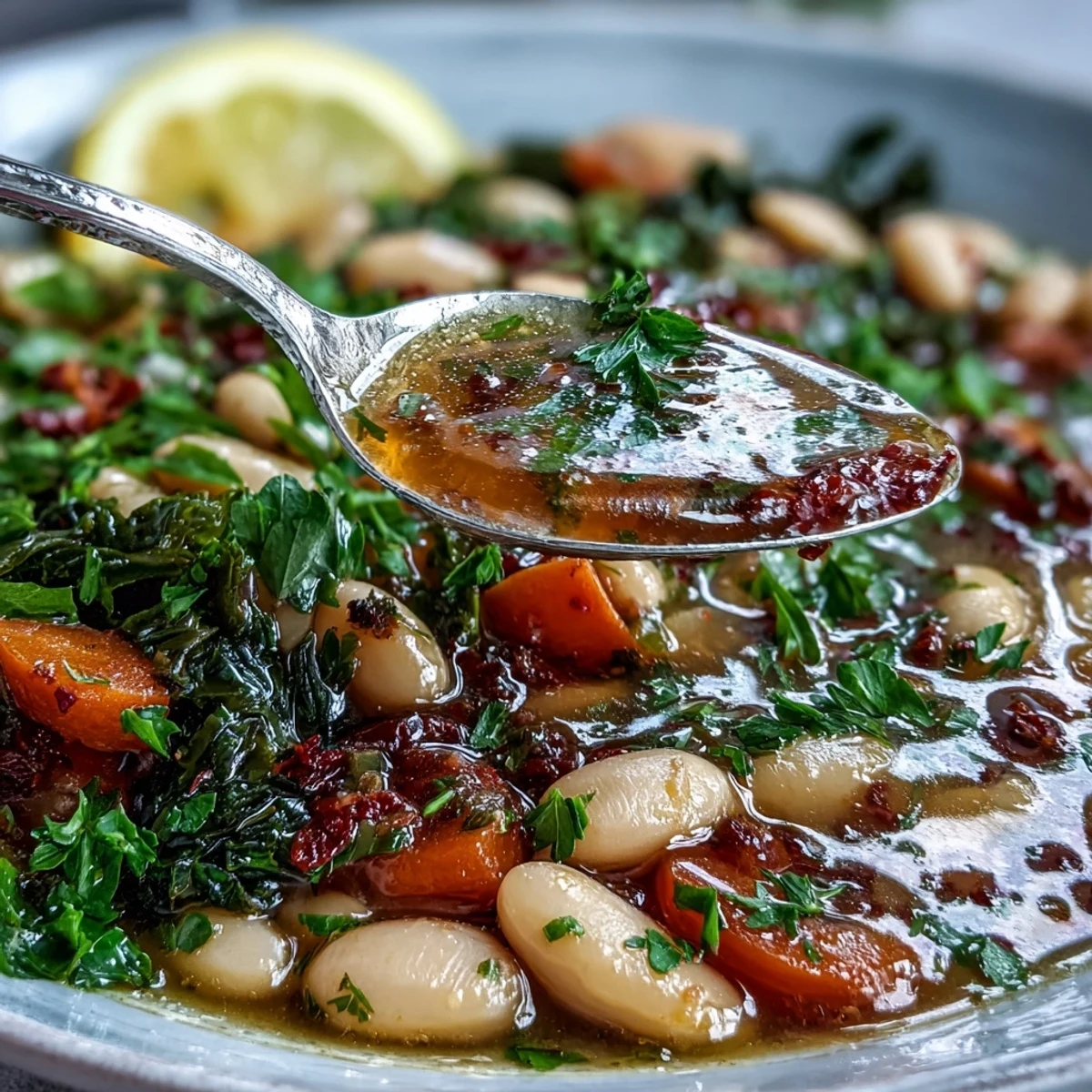 Warm Mediterranean White Bean Stew, a vegan delight brimming with tender beans and vegetables.