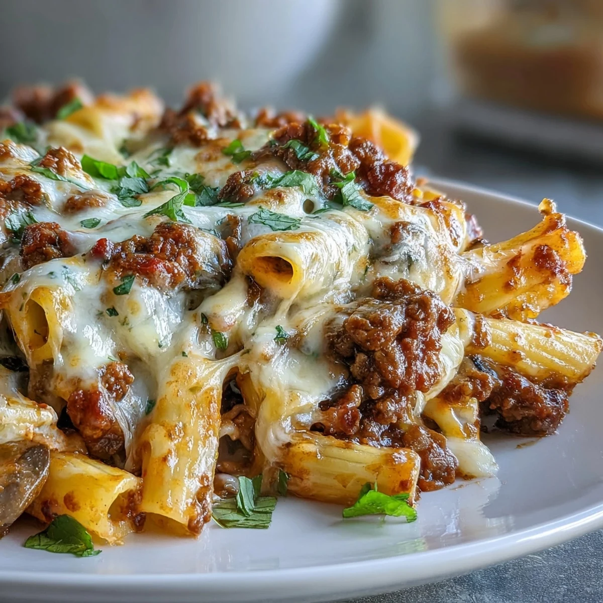 Golden, bubbling mozzarella and Parmesan top this hearty Italian-American pasta bake, packed with lean ground beef, vegetables, and whole wheat penne for a satisfying family dinner.