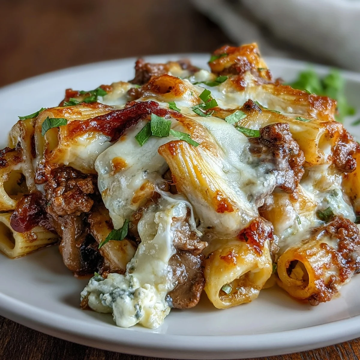 A close-up of the high-protein Italian beef and pasta bake, featuring melty cheese, fresh basil garnish, and savory turkey pepperoni slices for a pizza-inspired twist.