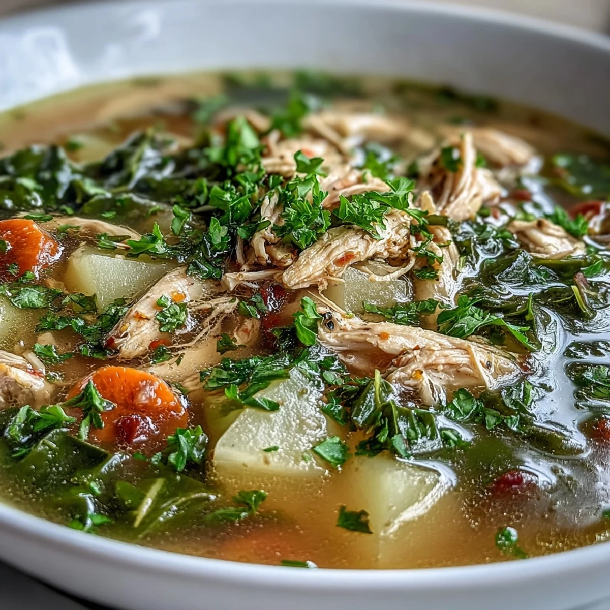 Comforting Collard Greens and Chicken Soup, featuring soft potatoes, ready to serve.
