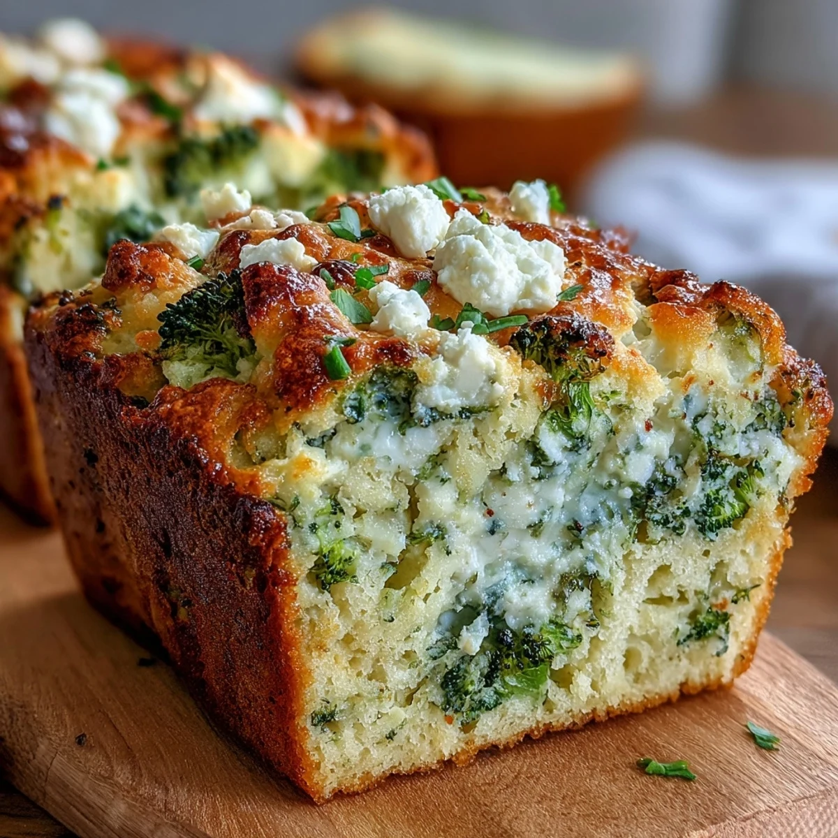 Slices of savory Broccoli and Feta Loaf stacked, showing moist interior, ready to serve with a steaming bowl of soup.