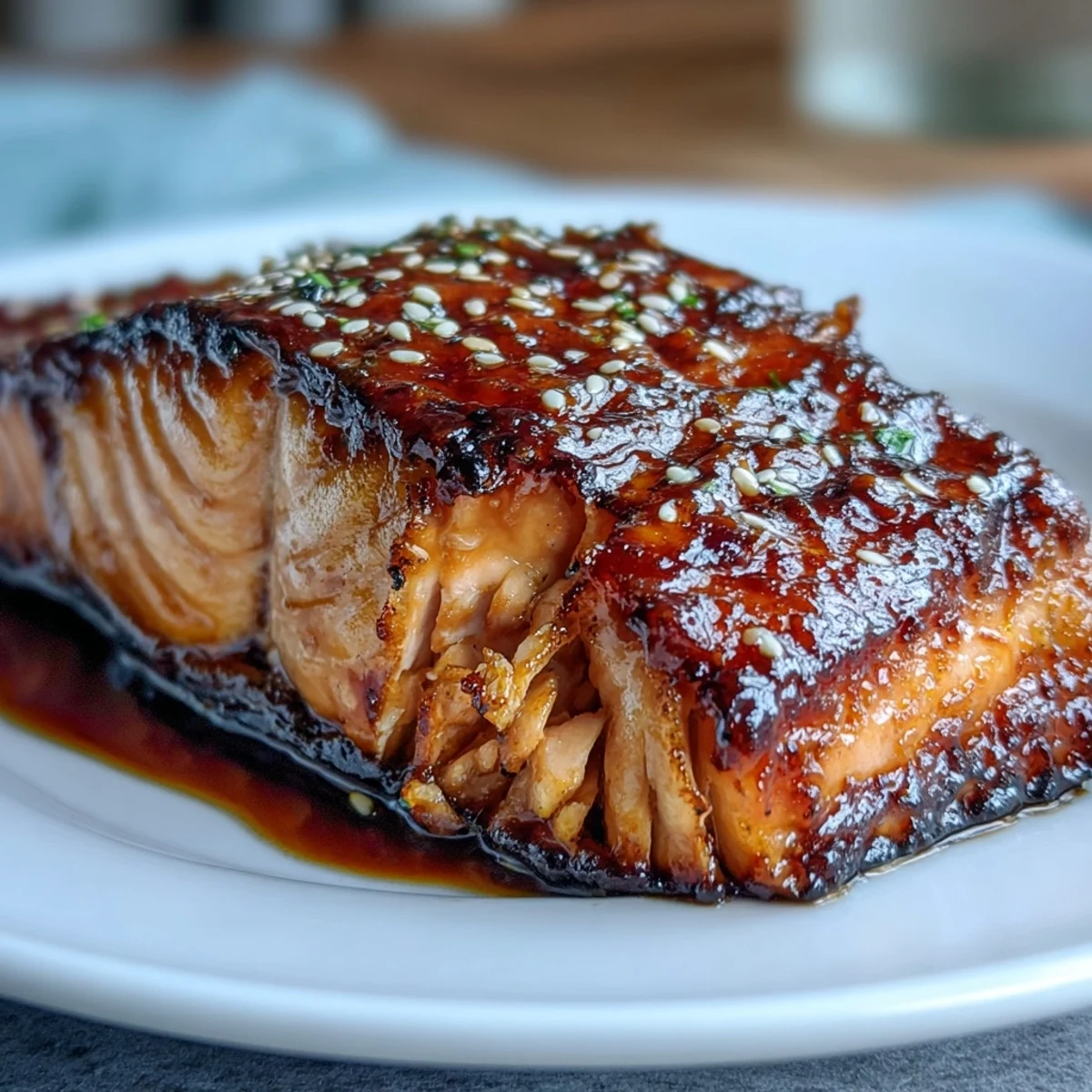 A close-up of miso salmon on sautéed spinach, showcasing flaky fish with a glossy glaze next to vibrant green, wilted leaves.  