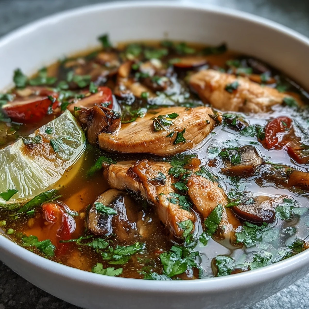 A bowl of hot and sour Tom Yum Chicken soup with tender chicken pieces, sliced mushrooms, and fresh herbs.