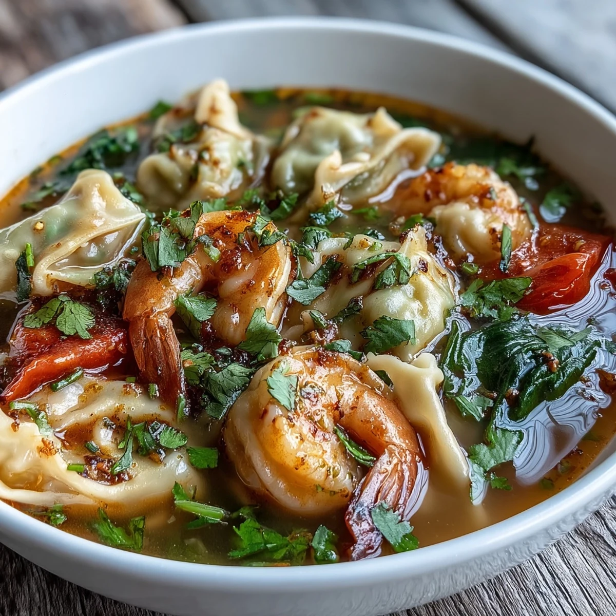 A steaming bowl of Tom Yum Wonton Soup, featuring plump pork wontons floating in a spicy, aromatic broth with mushrooms and lime.