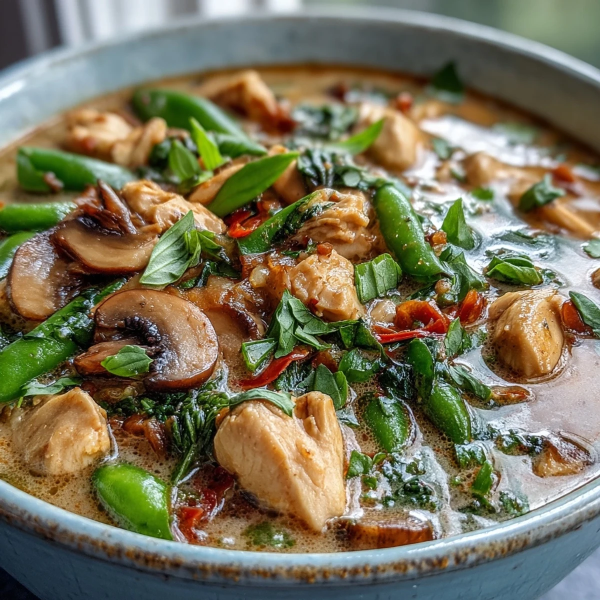 Vibrant Thai Chicken Coconut Curry Soup simmering with red bell pepper and snow peas in a creamy coconut milk broth.
