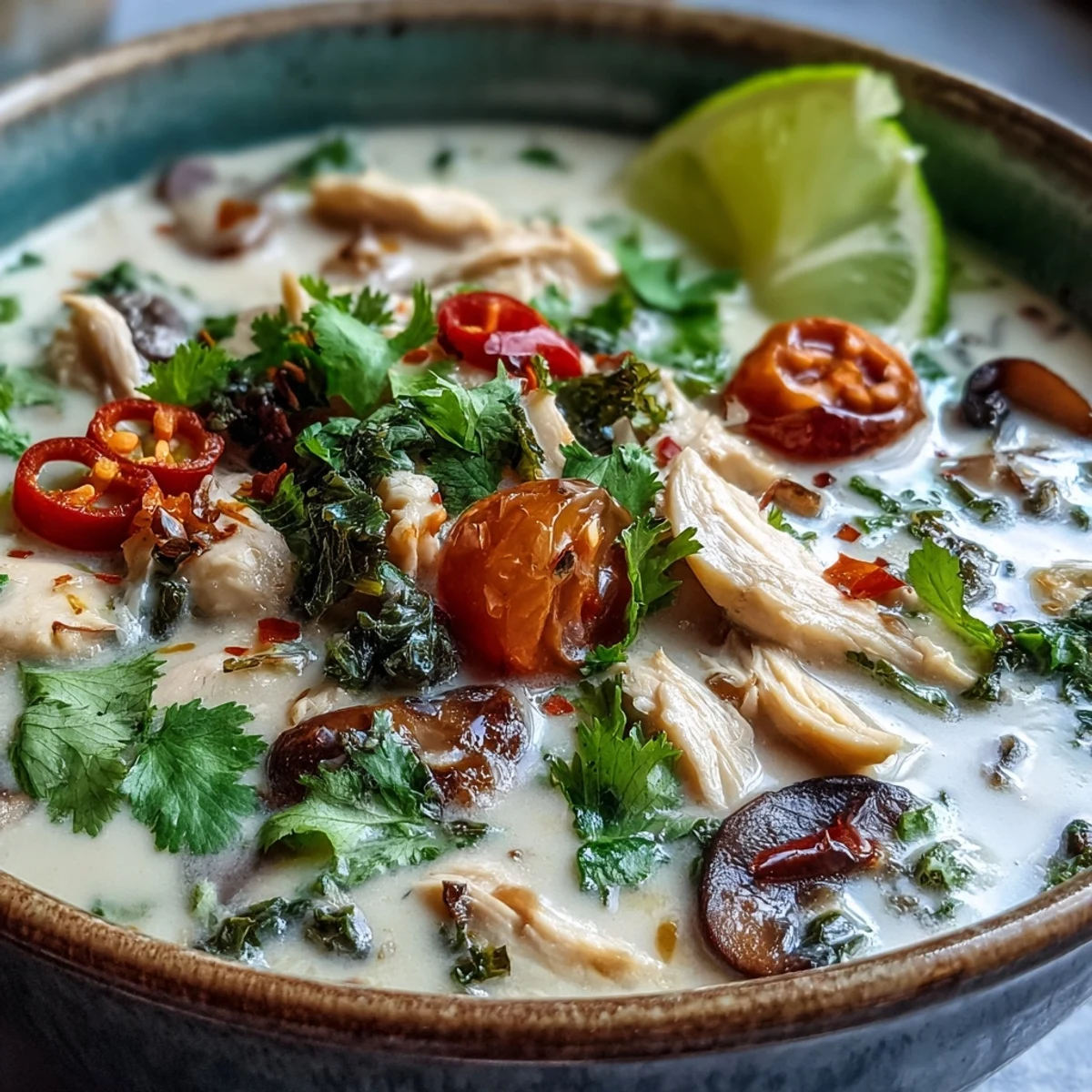 A bowl of creamy, aromatic Best Ever Tom Kha Gai Soup with tender chicken, mushrooms, and fresh cilantro garnish.