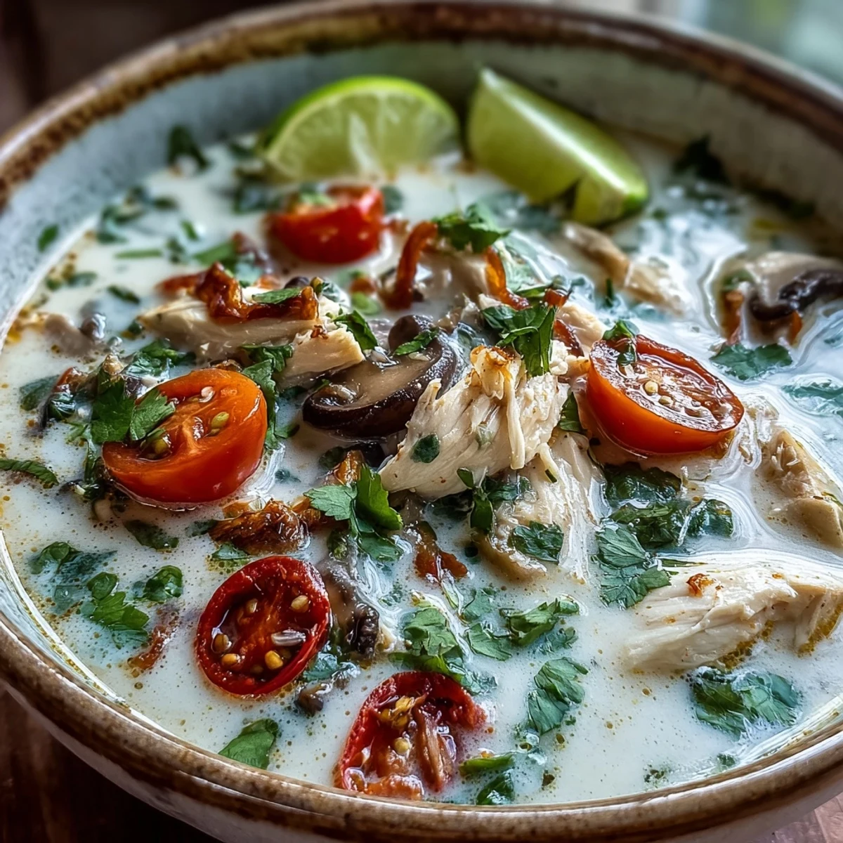 Steaming Best Ever Tom Kha Gai Soup in a rustic bowl, showcasing bright chili slices and lime wedges on the side.