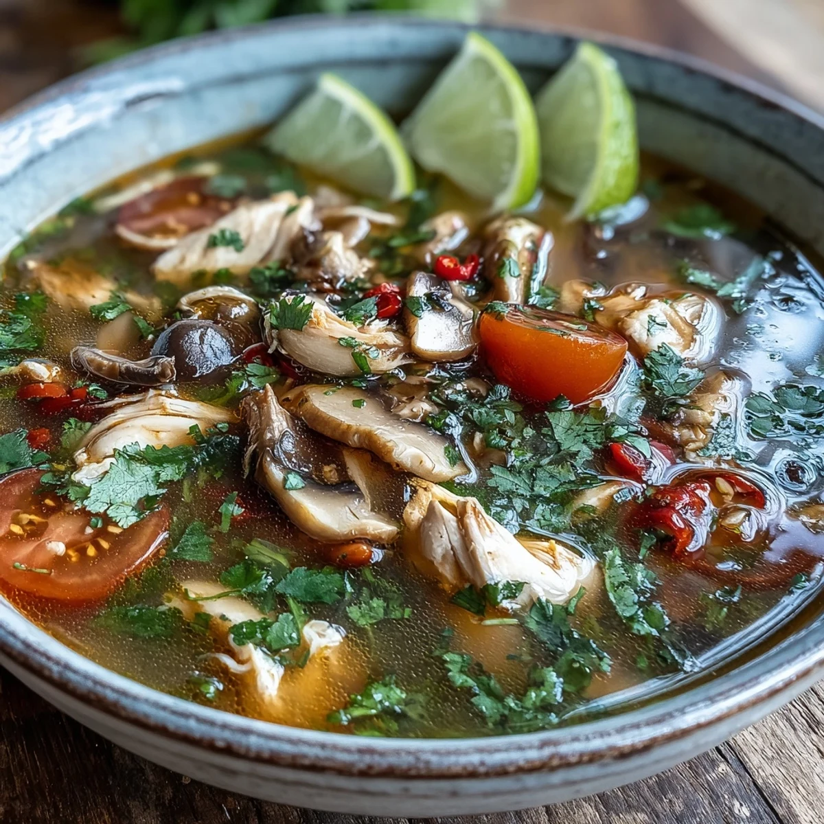 A steaming bowl of homemade Tom Yum Gai showcases tender chicken slices, mushrooms, and cherry tomatoes in a spicy-sour Thai broth.  