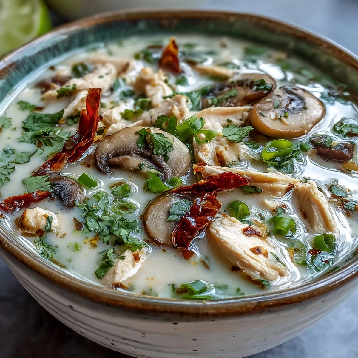 A bowl of authentic Tom Kha Gai, featuring tender chicken and mushrooms in a creamy, aromatic coconut milk broth infused with lemongrass and lime.