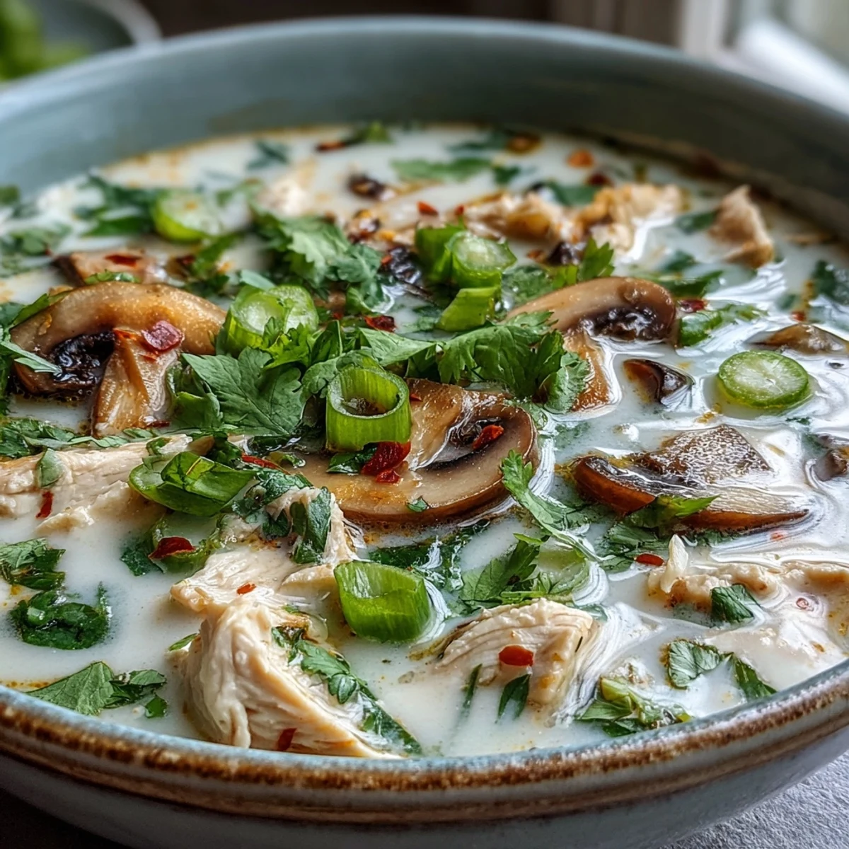 Spooning up a serving of authentic Tom Kha Gai, rich with coconut milk, fragrant galangal, and delicately spiced broth for a comforting meal.