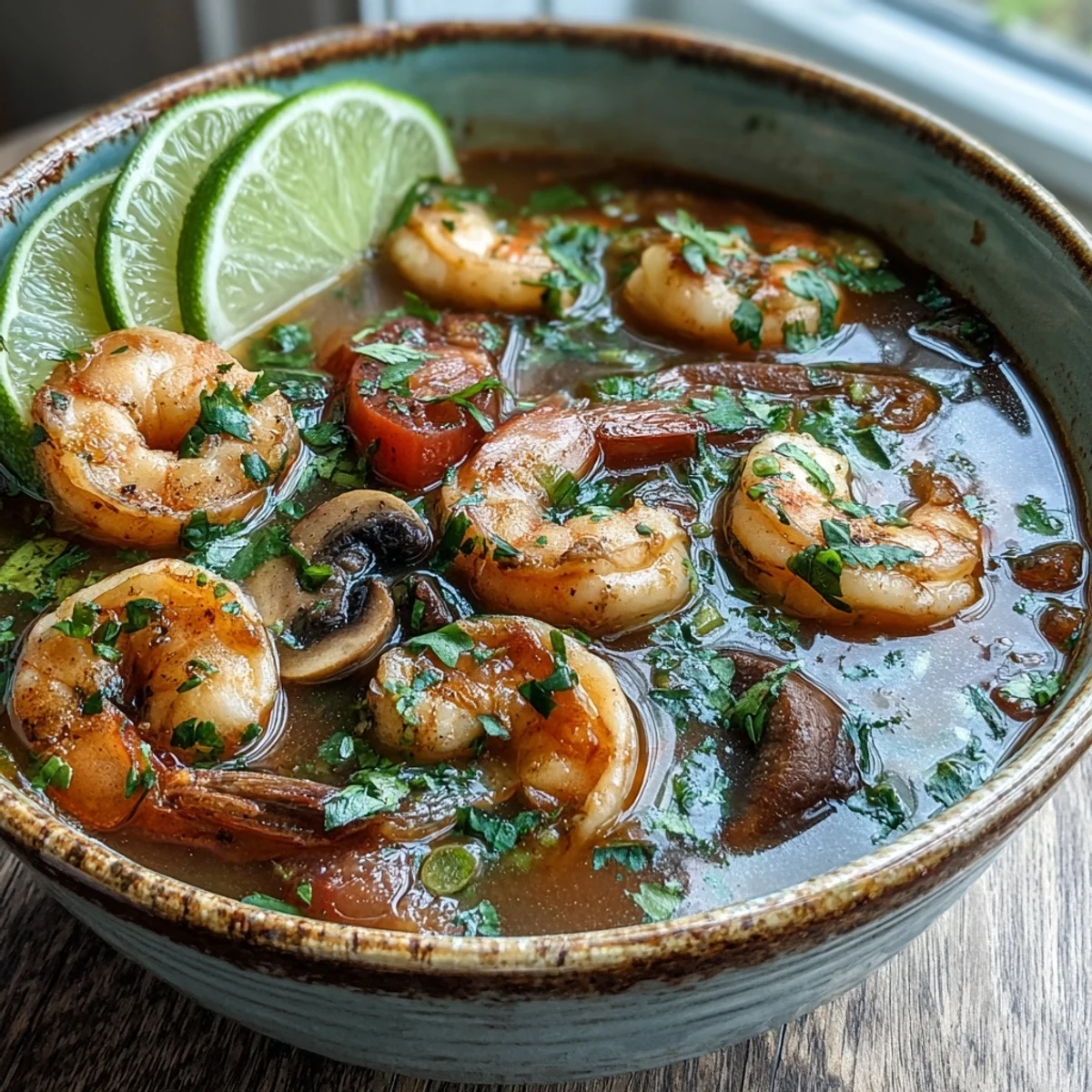 A close-up of vibrant Tom Yum Soup featuring plump shrimp, sliced mushrooms, and red tomato wedges in aromatic broth.