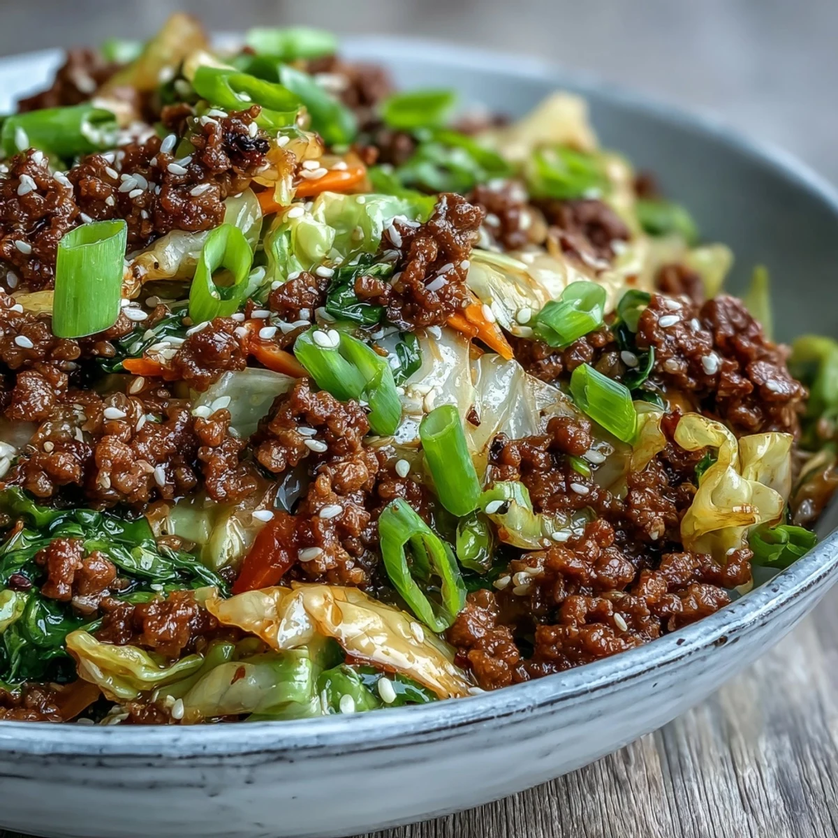 A close-up of Chinese Ground Beef and Cabbage Stir-Fry, featuring sautéed beef and glossy cabbage in a savory brown sauce, garnished with sliced green onions.