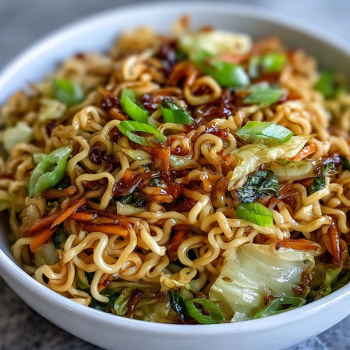 Crispy Fried Cabbage Ramen in a hot skillet, garnished with fresh green scallions and ready to serve.