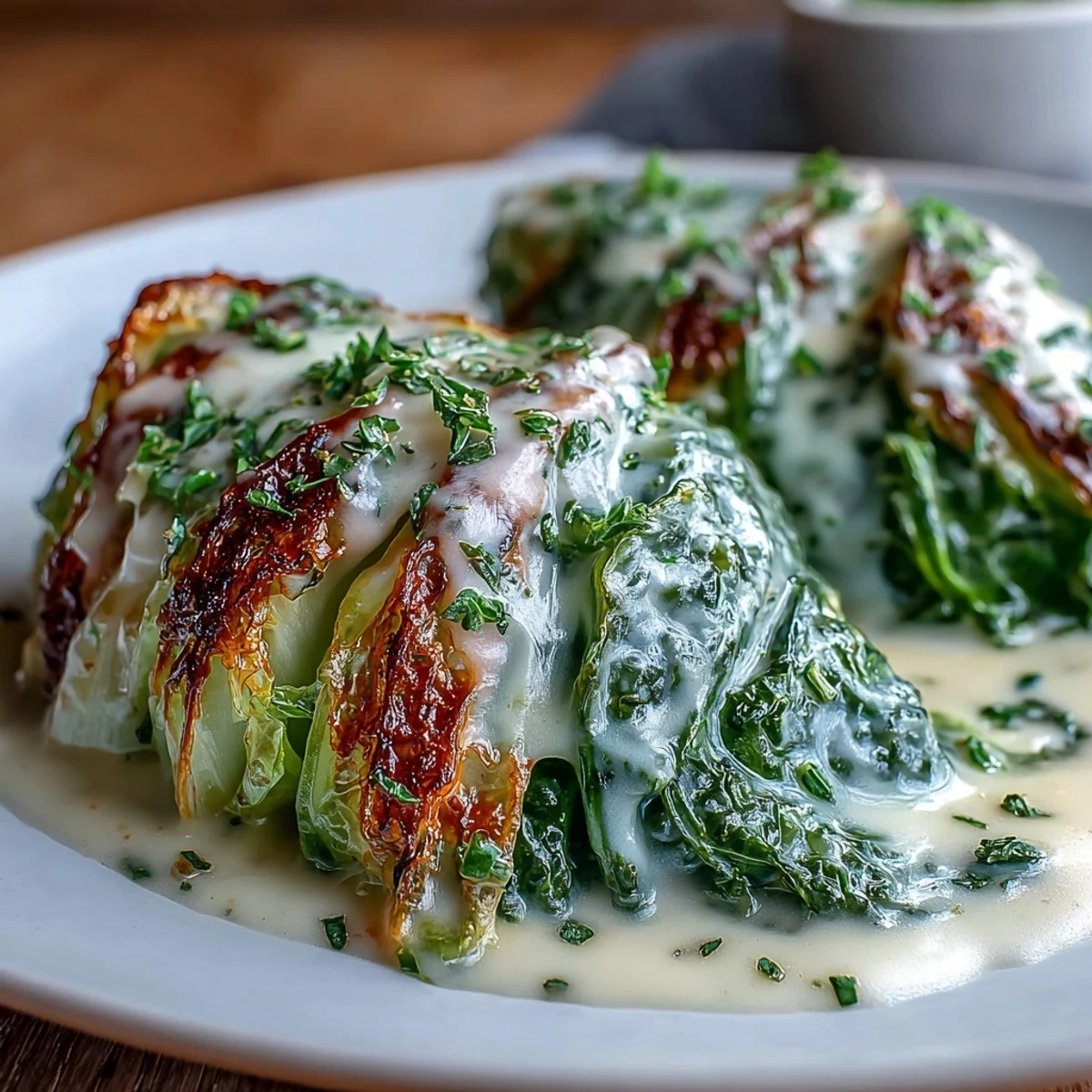 Herby Cabbage in Parmesan Broth served in shallow bowls, garnished with fresh herbs and melted cheese.