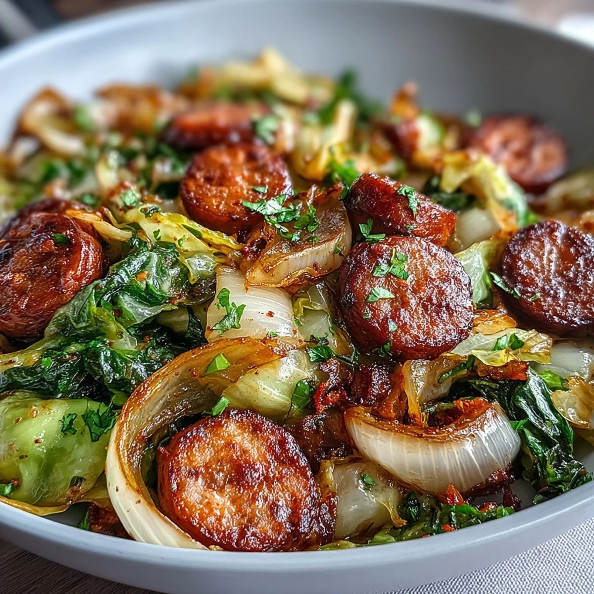 Sizzling smoked sausage slices brown in a skillet alongside tender, sweet cabbage ribbons for Smothered Cabbage With Sausage Skillet, a comforting one-pan Southern dish.  