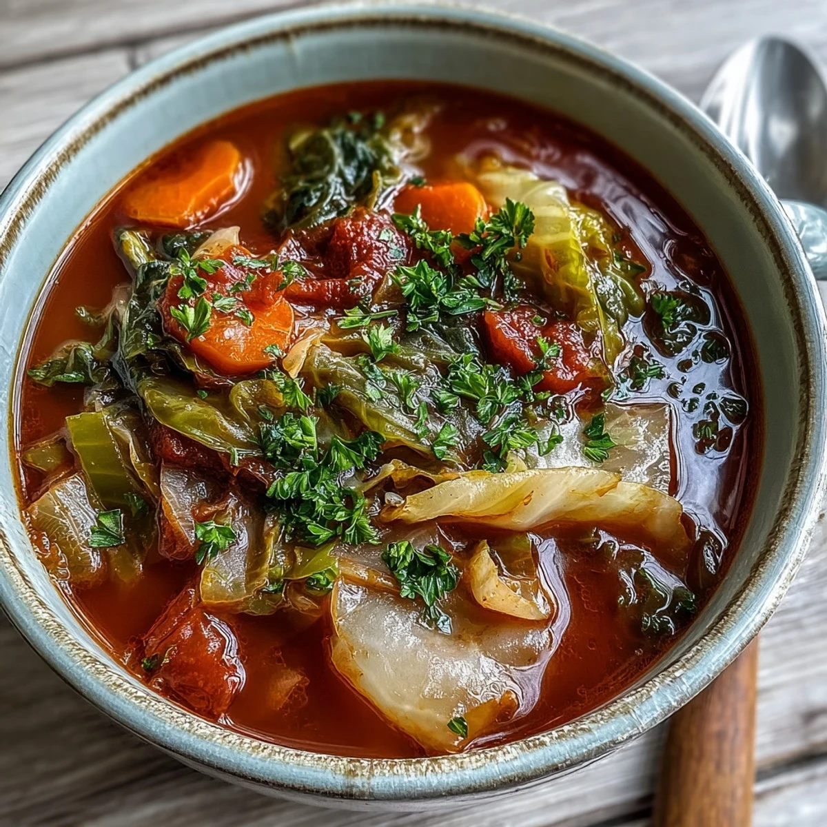 Hearty Classic Cabbage Soup served in a rustic bowl, garnished with fresh parsley for a vibrant, comforting meal.