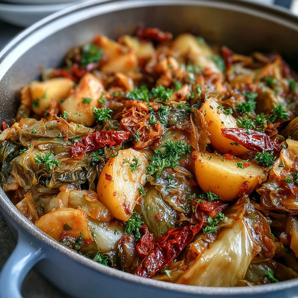 Buttery braised cabbage and potatoes infused with chili warmth, ready to serve in a shallow bowl with a lemon wedge on the side.