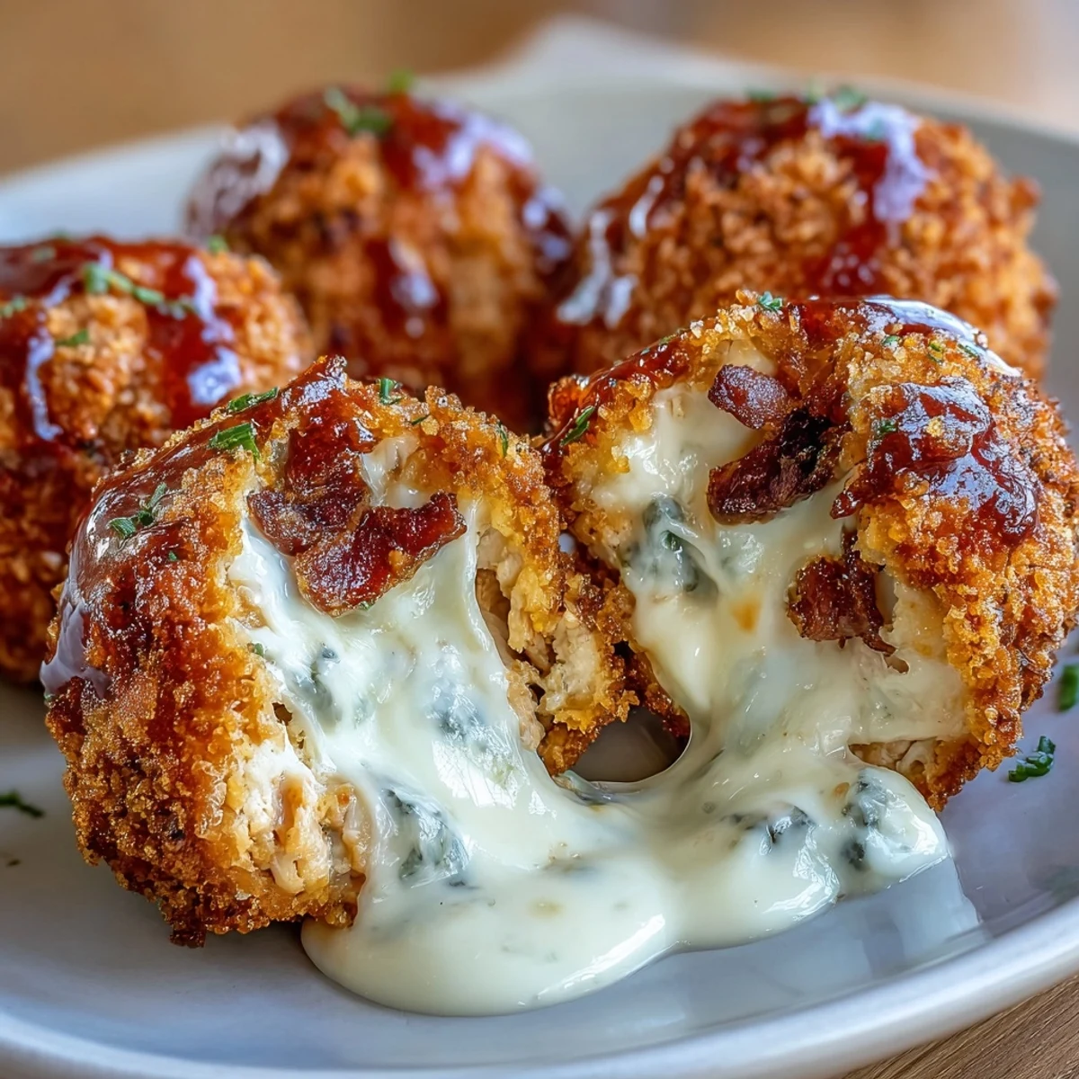 Golden brown Buffalo Chicken Bacon Mozzarella Bombs fresh from the fryer with ranch dip.