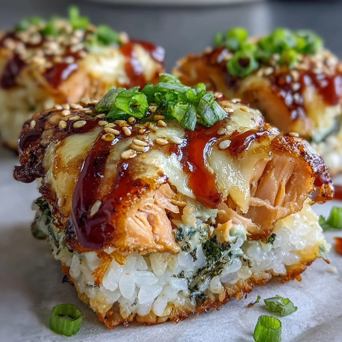 Freshly baked Spicy Salmon Sushi Bake with melted cheese and sliced avocado garnish, served in a dish. 