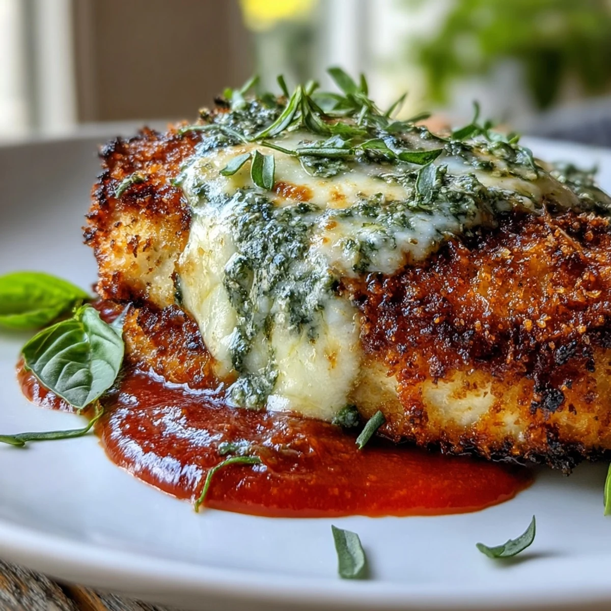 Golden brown, breaded chicken breasts topped with marinara sauce and melted mozzarella cheese in a baking dish.