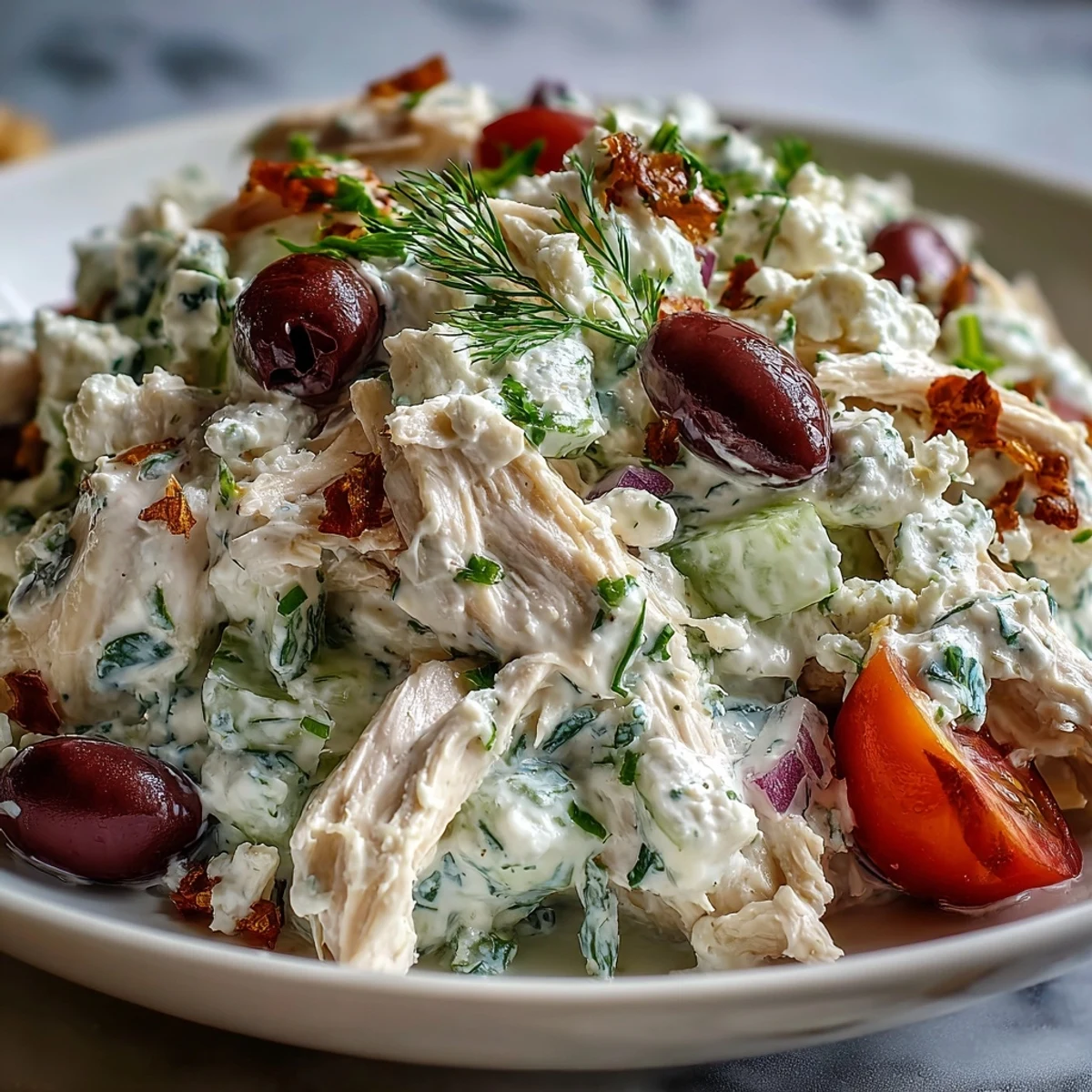 A close-up view of Tzatziki Chicken Salad topped with crumbled feta, halved cherry tomatoes, and Kalamata olives on a rustic plate.