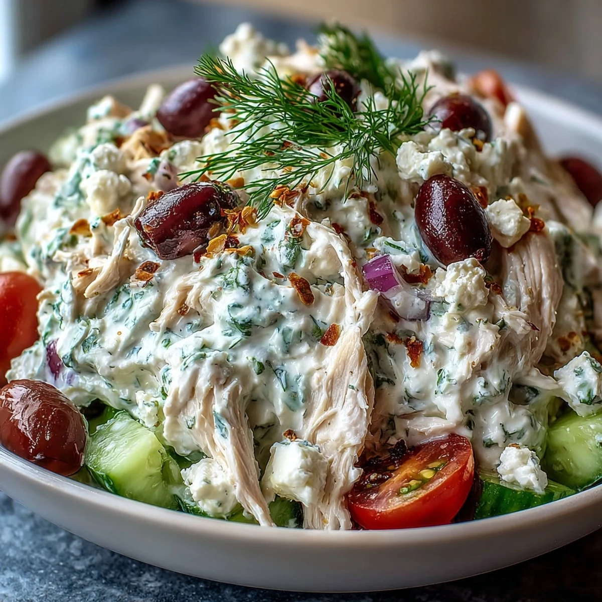 Refreshing chilled bowl of Tzatziki Chicken Salad, perfect for meal prep, packed with Greek yogurt, veggies, and bright Mediterranean flavors.