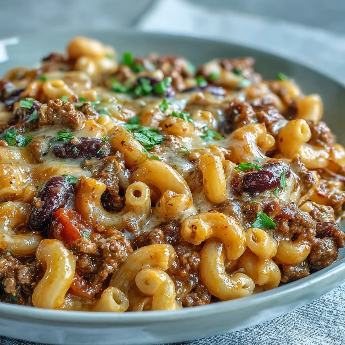 A hearty One-Pan High Protein Chili Mac simmered in a deep skillet, featuring gooey melted cheddar and optional black beans for extra protein.