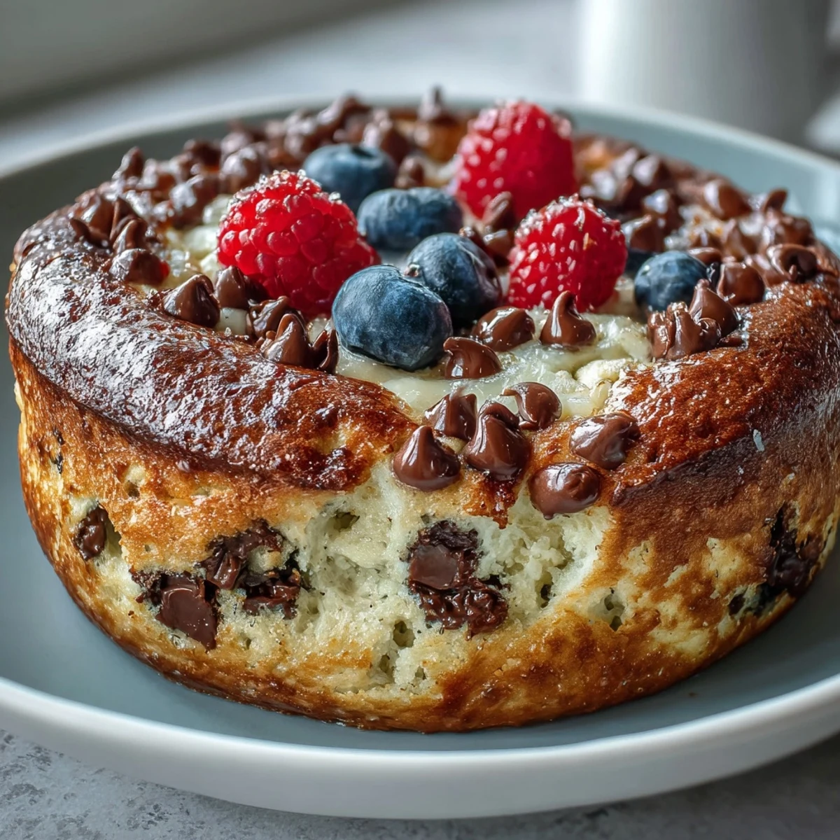Freshly baked Baked Protein Pancake Bowl with golden edges, topped with peanut butter and fresh blueberries for a healthy start.