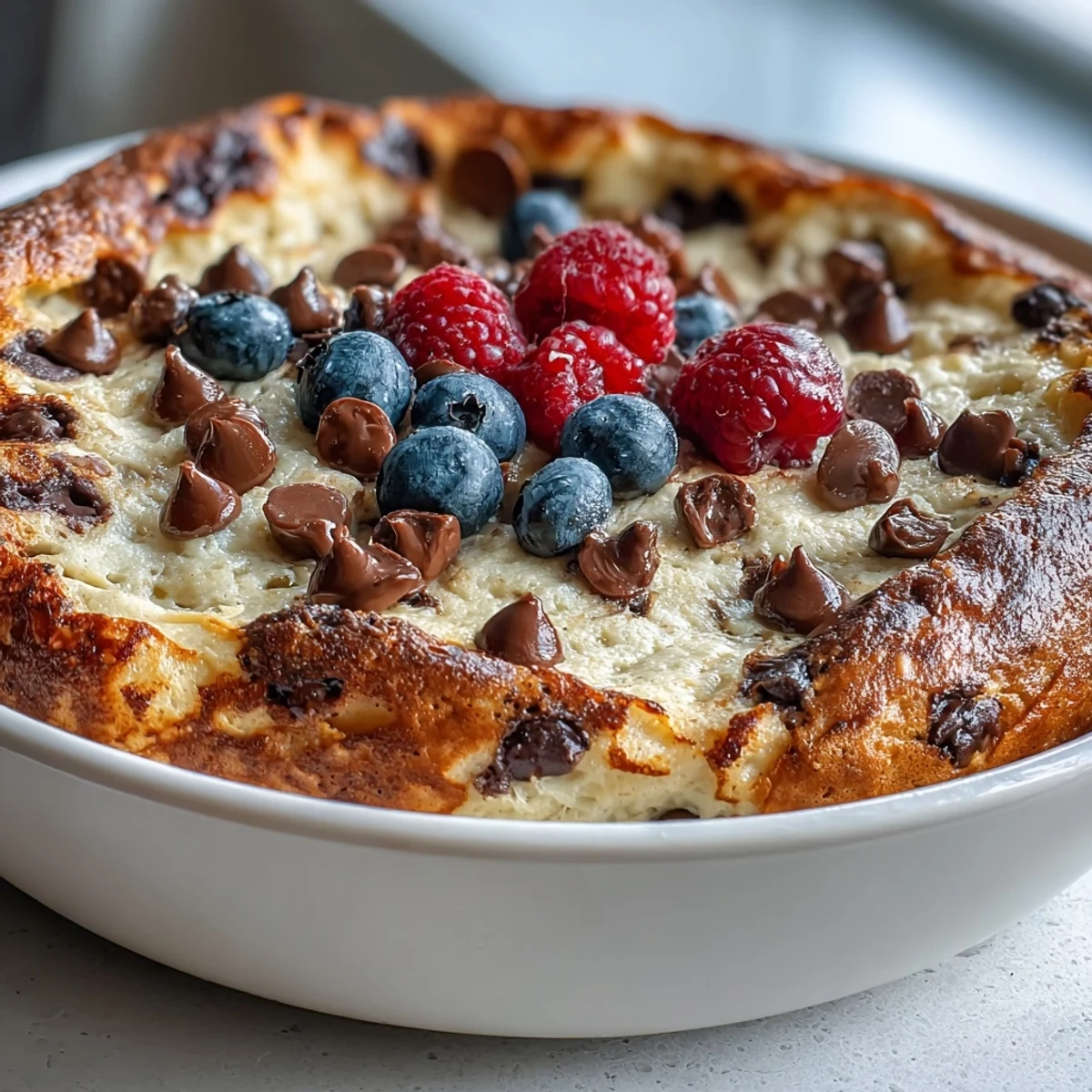 A single-serve Baked Protein Pancake Bowl topped with maple syrup and sliced strawberries, steaming beside a glass of orange juice.