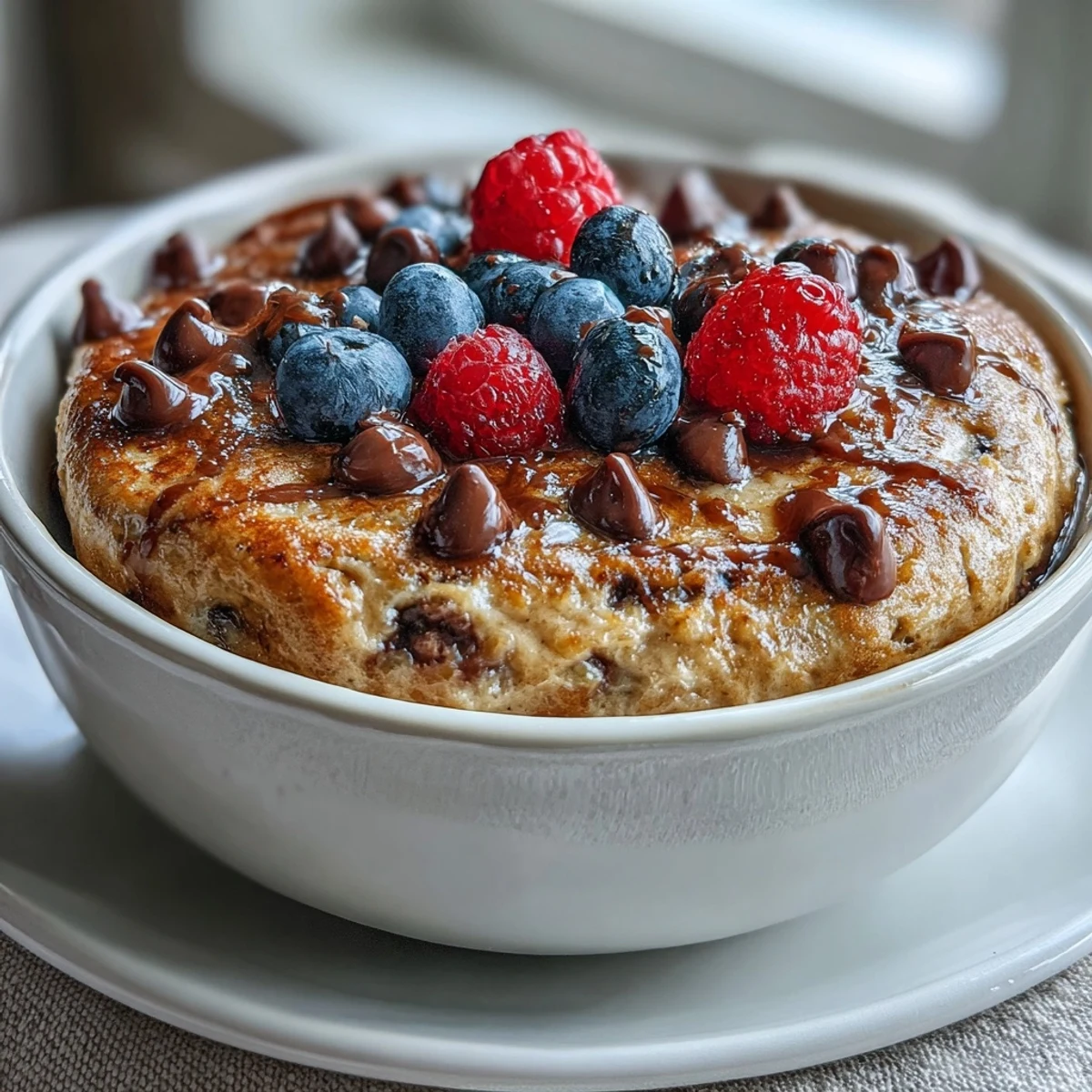 A scoop of protein powder sits beside a fluffy Baked Protein Pancake Bowl topped with nuts and chocolate chips.