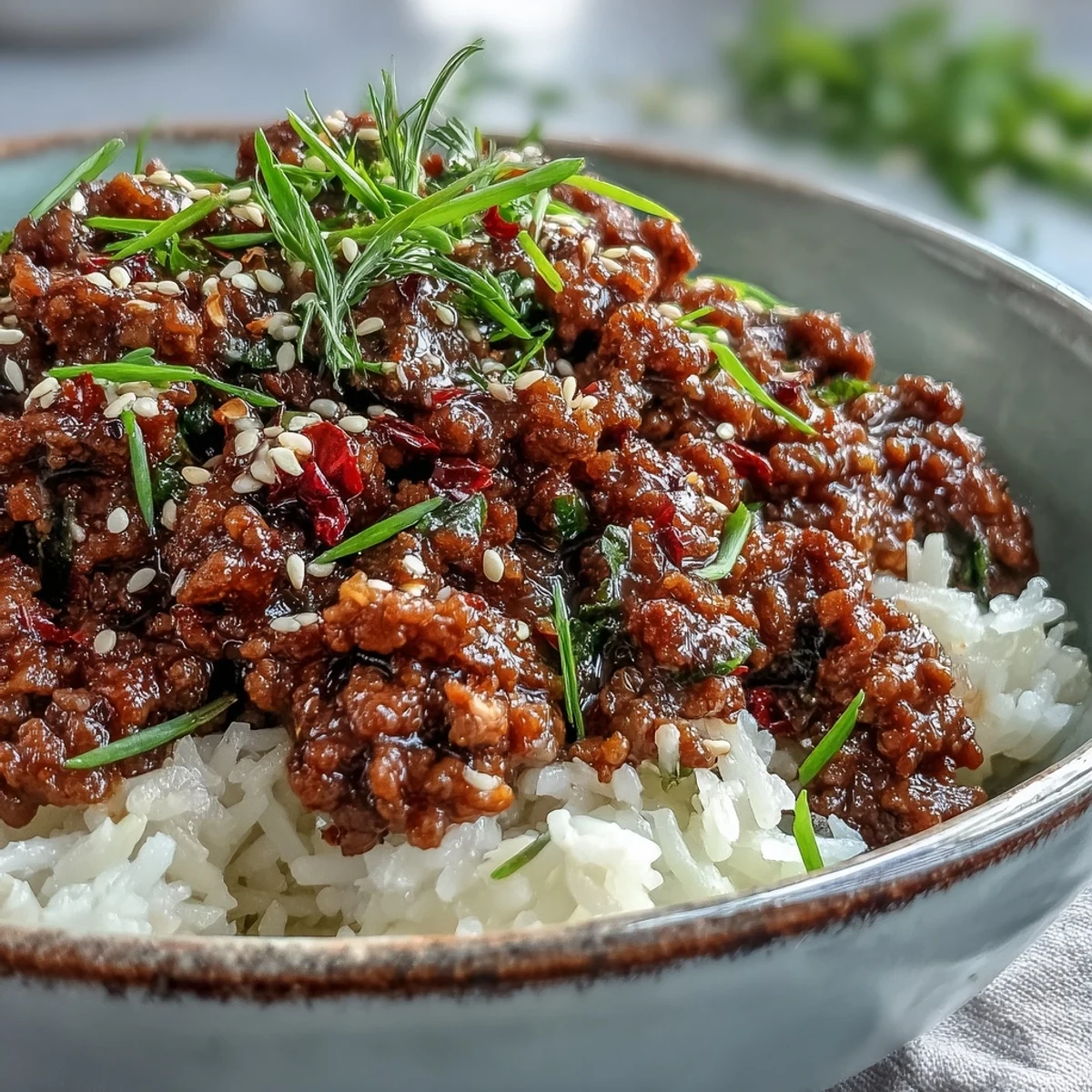 A skillet of Korean-Style Ground Turkey garnished with toasted sesame seeds and chives, served alongside fluffy steamed rice.