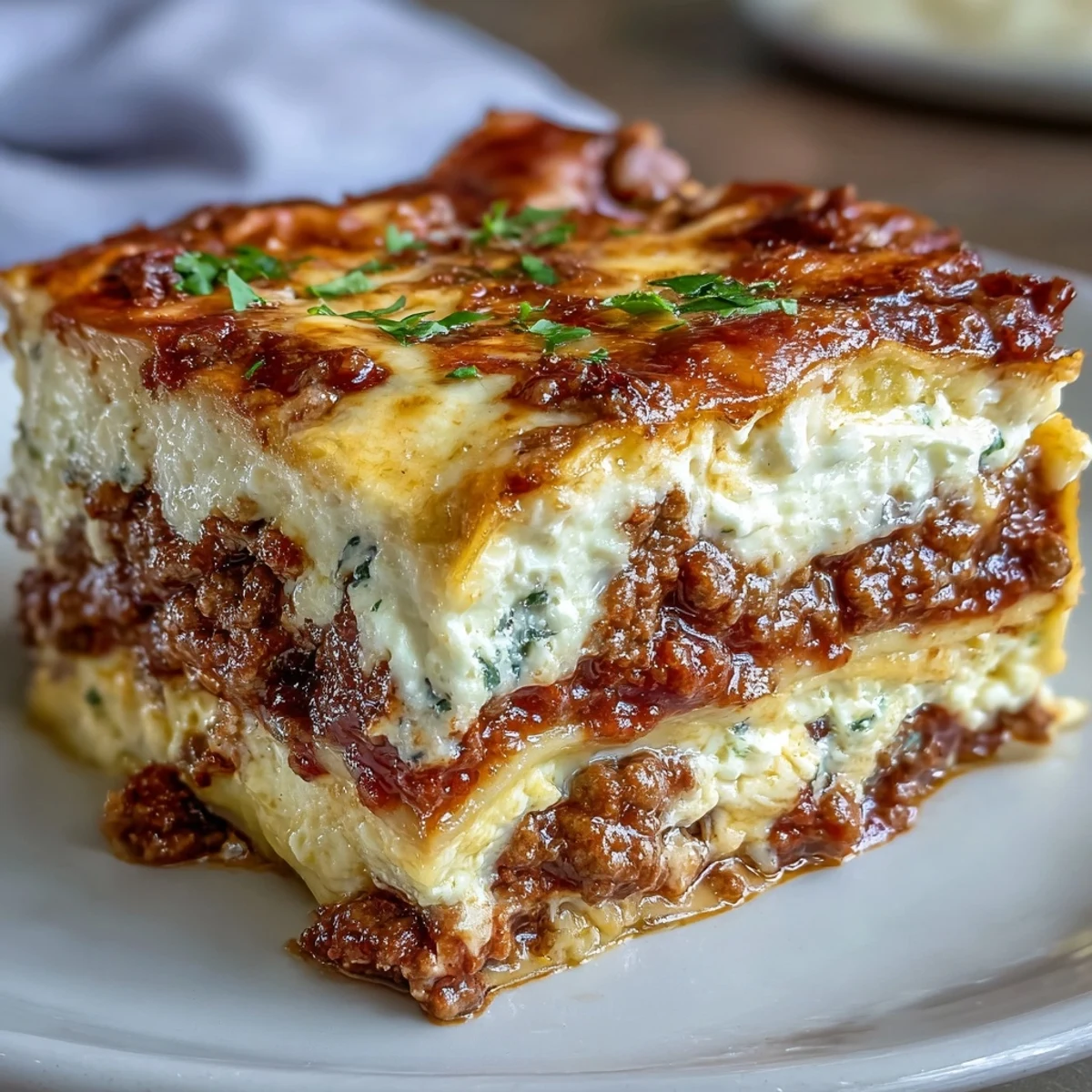 The Worlds Best Lasagna baked in a dish served with garlic bread and fresh basil garnish.