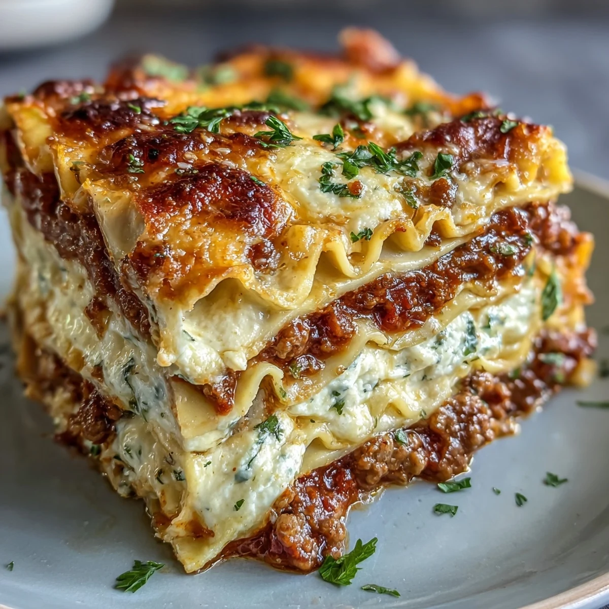 Fork-cut slice of Worlds Best Lasagna reveals tender noodles, hearty meat sauce, and melted cheese layers.