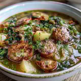 Hearty Sausage, Potato and Cabbage Soup ladled from the pot, with cabbage leaves floating in a rich, aromatic broth alongside carrots and celery.  
