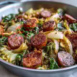 A close-up of Smothered Cabbage With Sausage Skillet highlights the caramelized edges of cabbage and juicy sausage, with a colorful mix of onion, bell pepper, and herbs.  
