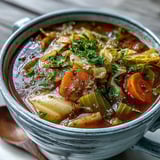 Close-up on chopped cabbage, celery, and onions simmering in a pot of Classic Cabbage Soup, perfect for chilly days.  