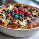 A single-serve Baked Protein Pancake Bowl topped with maple syrup and sliced strawberries, steaming beside a glass of orange juice.