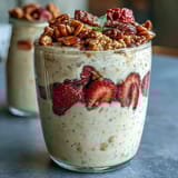 Strawberry overnight oats with chia seeds and granola, a creamy and colorful breakfast layered with fresh berries and crunchy topping.