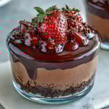 Indulgent chocolate cheesecake cups layered with fresh strawberries and a rich ganache topping.