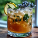 Iced Lavender Lemonade with Fresh Mint in a clear glass pitcher, garnished with lemon slices and mint sprigs, served over ice for a refreshing drink.