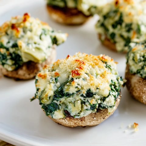 Golden, bubbly Creamy Spinach and Artichoke Stuffed Mushrooms ready to serve as a tasty appetizer.