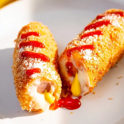 Golden-brown, crispy Cheesy Korean Corn Dogs are served with ketchup and mustard, ready to eat.
