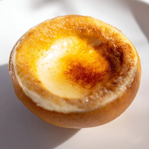 Creamy lemon brûlée posset with a crackle top, served in halved lemon shells visually.